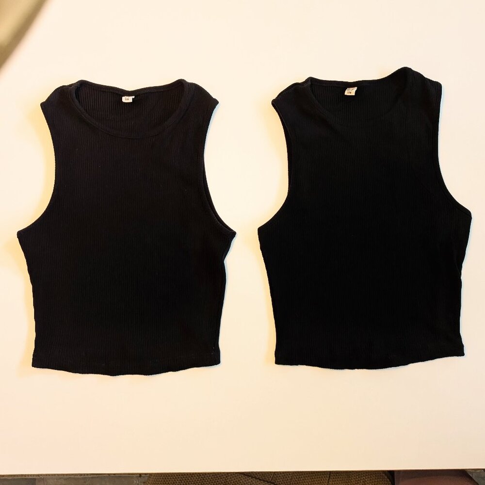 (two) Tencel high neck ribbed black tanks - size S/M by FBC